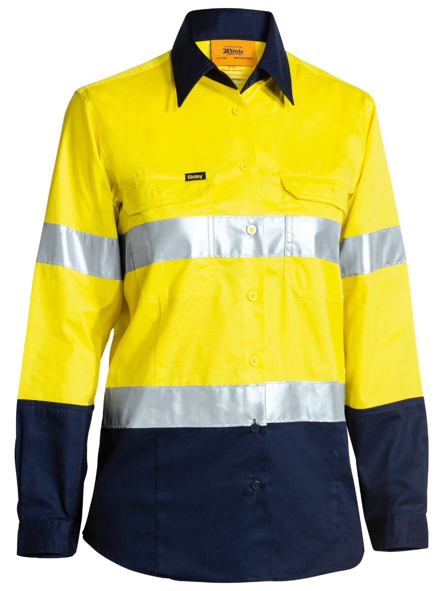 Picture of Bisley Women's Taped Hi Vis Cool Lightweight Drill Shirt YELLOW/NAVY