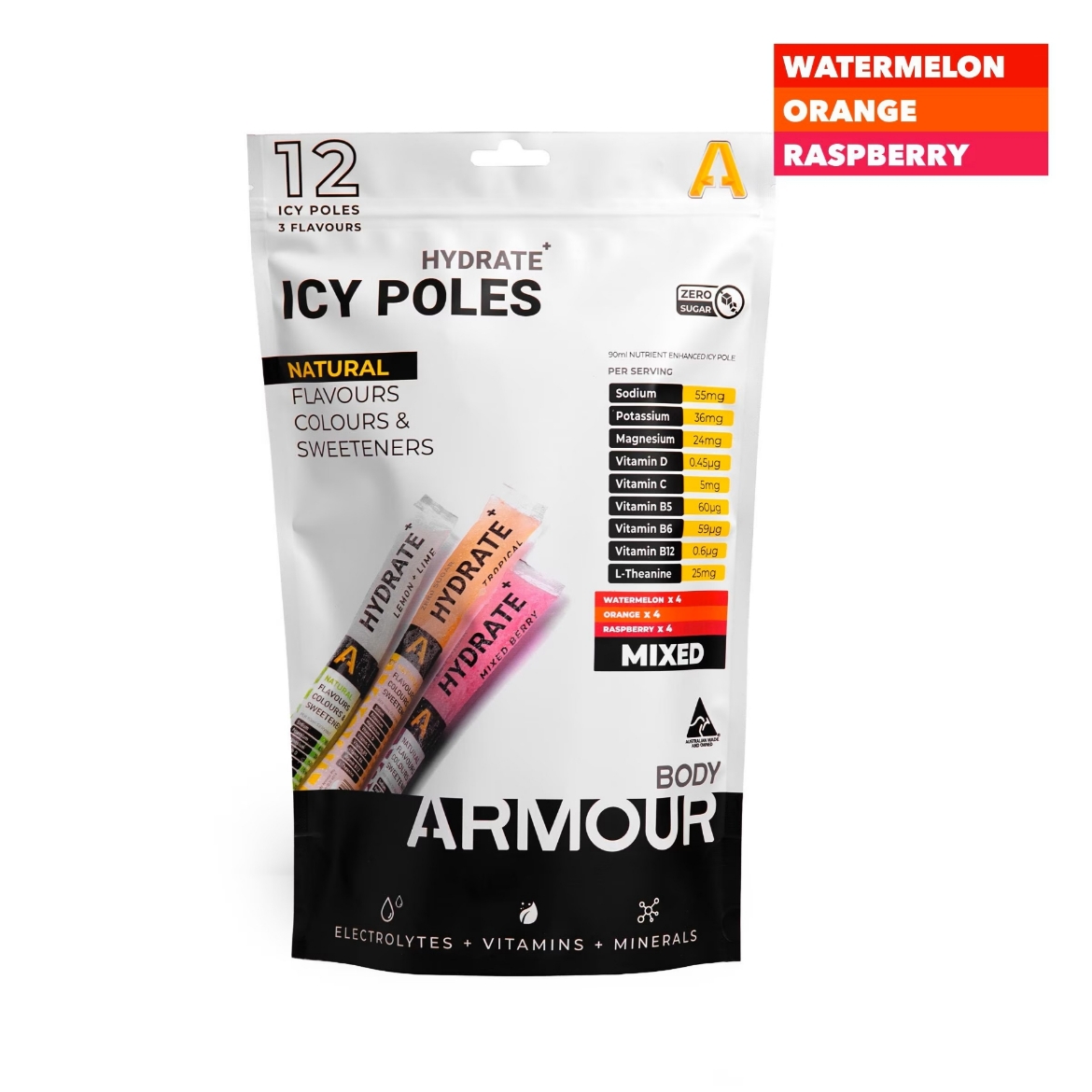 Picture of Body Armour Hydrate+ Icy Poles - Mixed - Raspberry, Orange and Watermelon (12 Pack)