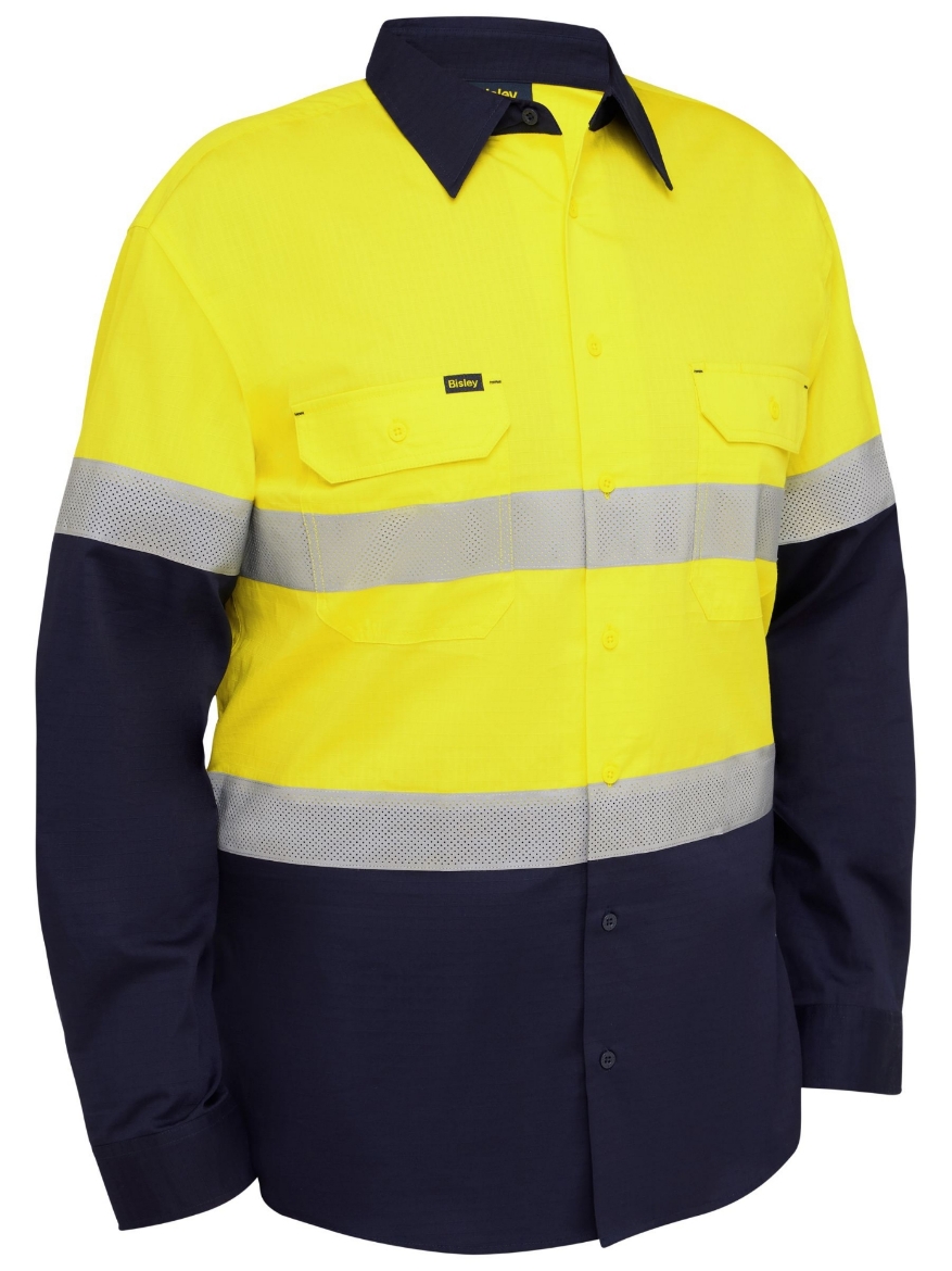 Picture of Bisley Taped Hi Vis Ripstop Vented Shirt - Yellow/Navy