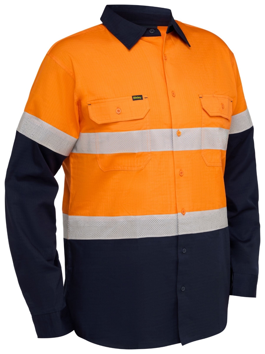 Picture of Bisley Taped Hi Vis Ripstop Vented Shirt - Orange/Navy