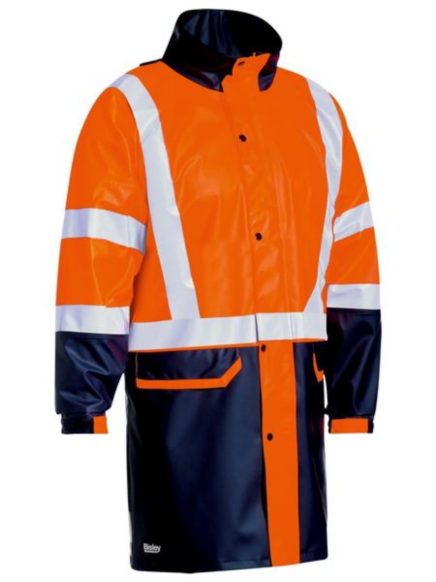 Picture of Bisley Taped Hi Vis Stretch PU Rain Coat - Orange/Navy