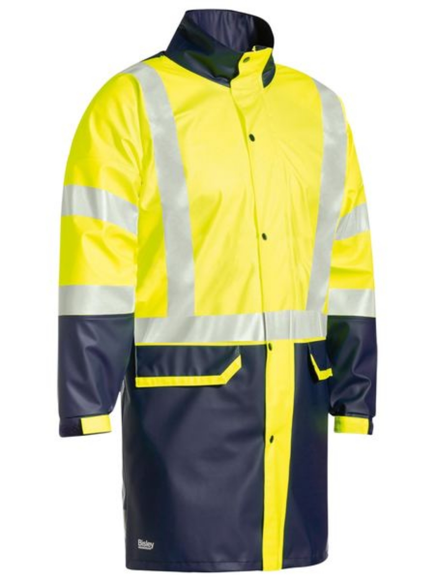 Picture of Bisley Taped Hi Vis Stretch PU Rain Coat - Yellow/Navy